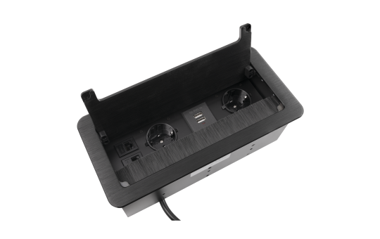 Tisch-Einbausteckdose, 2 fach, 2 USB, 2 RJ45, schwarz, mit Staubschutz,  3600W